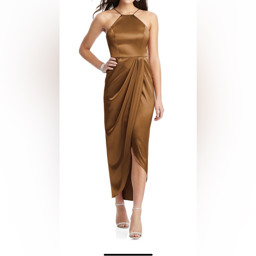 After Six toffee color bow halter neck satin gown Size 2 - Worn once!